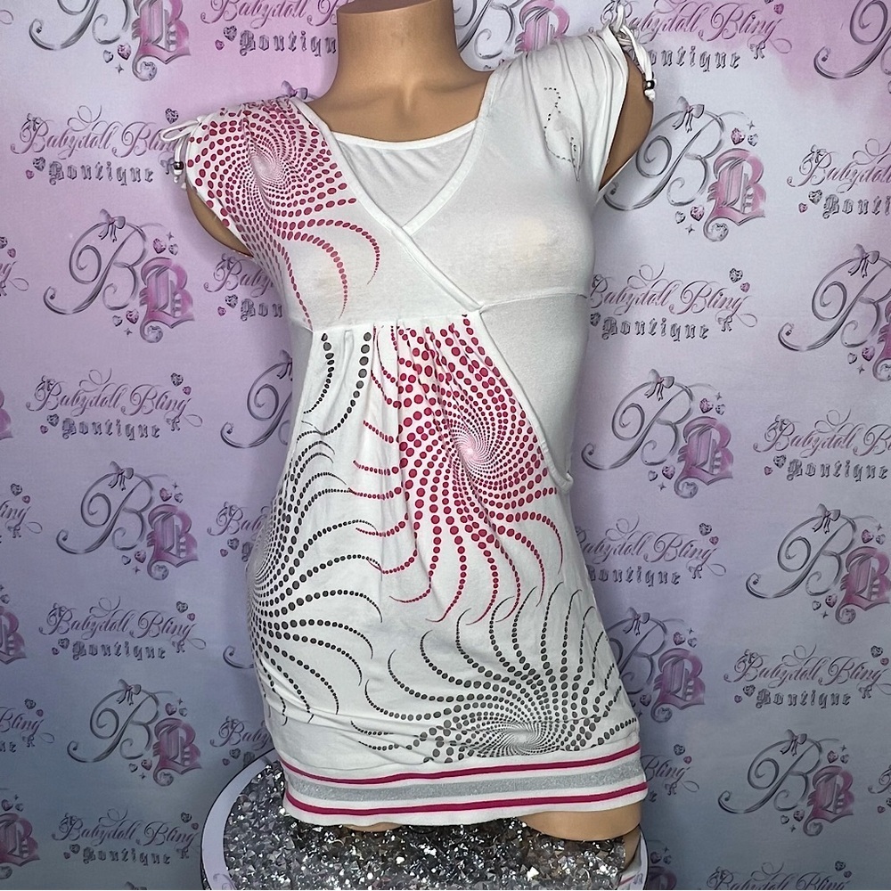 Baby phat top/mini dress sparkly glitter bling kitty cat logo dotted pattern y2k